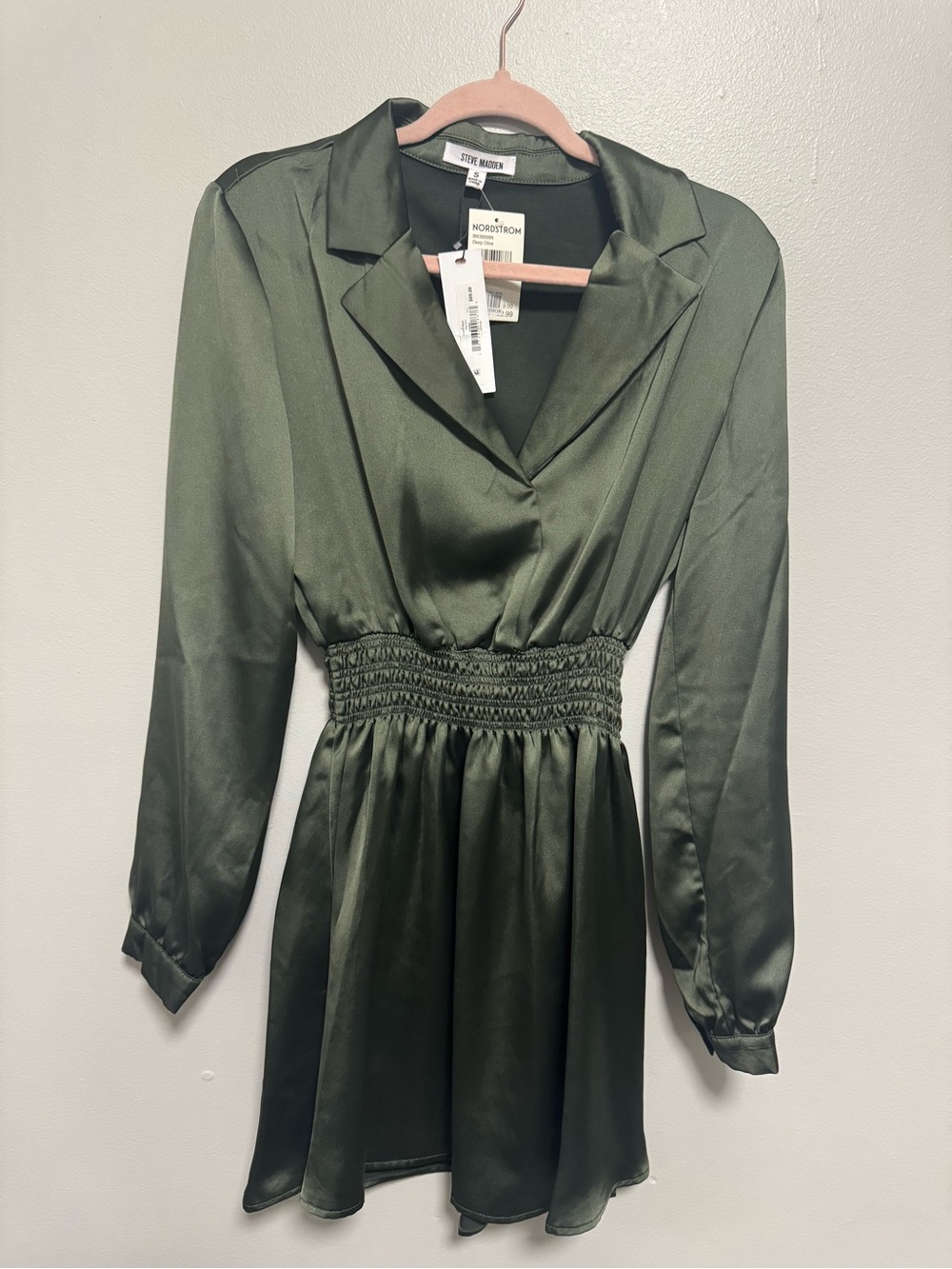Steve Madden Long Sleeve Olive Green Satin Mini Shirtdress - Picture 3 of 9